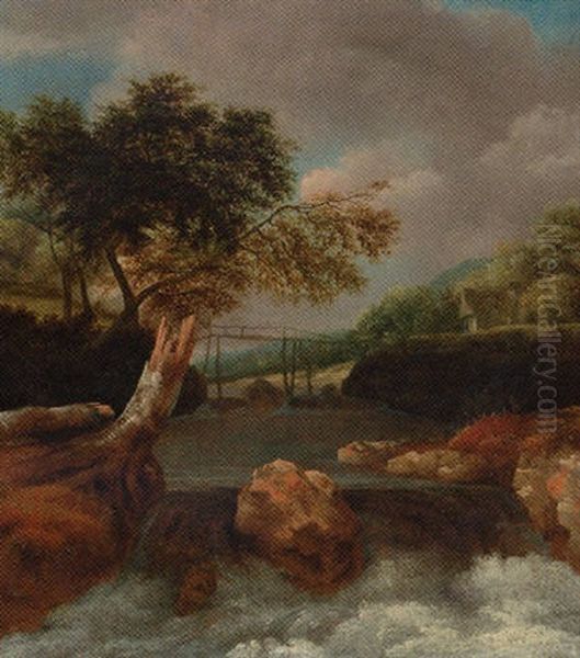 A Waterfall In A Wooded Landscape, A Bridge Beyond - view 1