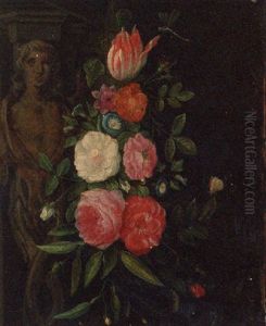 A Garland Of Flowers With Butterflies And A Dragonfly, Hanging Before A Sculpted Doorway by Jan van Kessel the Elder