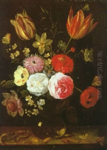 A Still Life Of Roses, Tulips, Narcissi, Peonies, A White Poppy And A Sprig Of Rosemary With Other Flowers In A Glass Vase Surrounded By Numerous Insects On A Stone Ledge A Still Life Of Roses, Tulips, Narcissi, Peonies, A White Poppy And A Sprig Of Rosemary With Other Flowers In A Glass Vase Surrounded By Numerous Insects On A Stone Ledge