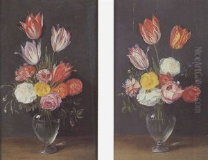 Bouquet De Tulipes, Roses Et Oeillets Dans Un Vase En Verre by Jan van Kessel the Elder