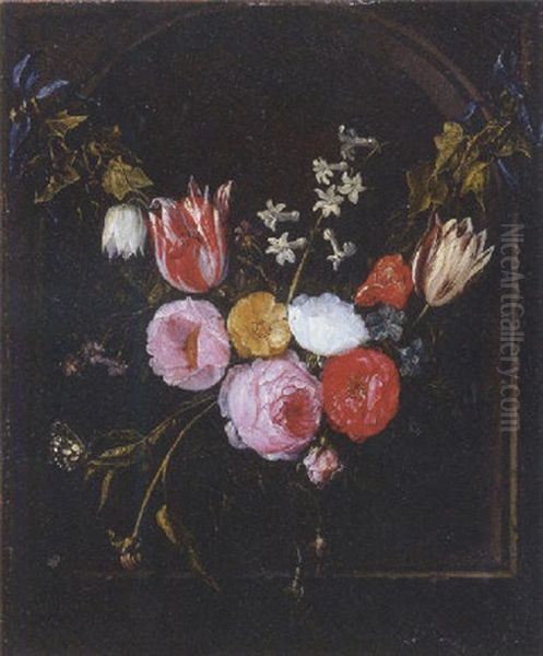 A Swag Of Roses, Tulips, An Anemone And Other Flowers With A Butterfly At A Feigned Stone Niche - view 1