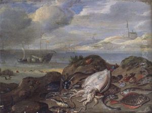 Cuttle-fish, Plaice, Cod, Oysters, Mussels And Other Fish On A Dune, A River Estuary With Shipping Beyond