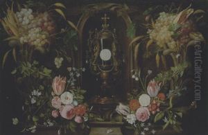 Still Life Of Various Flowers And Grapes Encircling A Reliquary Containing The Host, Set Within A Stone Niche Still Life Of Various Flowers And Grapes Encircling A Reliquary Containing The Host, Set Within A Stone Niche