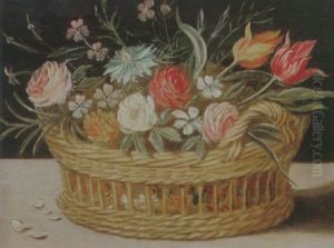 Still Life Of Roses, Tulips, Chyrsanthemums And Cornflowers, In A Wicker Basket, Upon A Ledge by Jan van Kessel the Elder