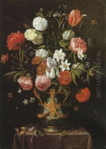 A Still Life Of Irises, Peonies, Narcissi, A Tulip And Other Flowers In A Blue And White Porcelain Vase With Insects Beside by Jan van Kessel the Elder