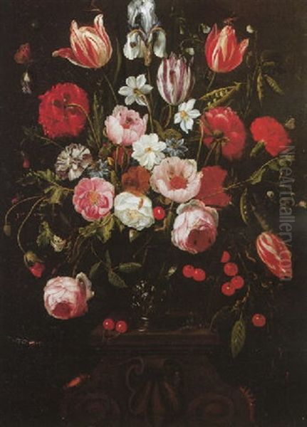 A Still Life Of Roses, Tulips, Narcissi, Peonies And Other Flowers With A Sprig Of Cherries In A Roemer Surrounded By Insects - view 1