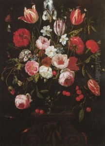 A Still Life Of Roses, Tulips, Narcissi, Peonies And Other Flowers With A Sprig Of Cherries In A Roemer Surrounded By Insects by Jan van Kessel the Elder