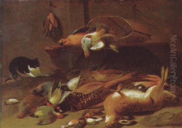 Stilleben Mit Erlegtem Federwild Und Hasen, Mit Einer Schwartz-weis Gefleckten Katze - view 1
