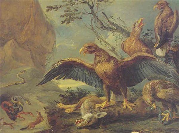 Eagles Attacking A Snake And A Fox - view 1