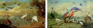 Two Spoonbills, A Heron, Swans, Moorhens, Bullfinches, Kingfishers, A Swallow And Other Birds In A Coastal Landscape Two Spoonbills, A Heron, Swans, Moorhens, Bullfinches, Kingfishers, A Swallow And Other Birds In A Coastal Landscape
