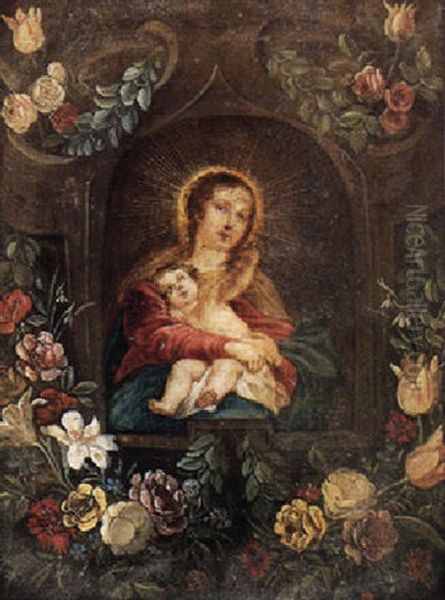 The Virgin And Child In A Stone Niche Adorned With Flowers - view 1