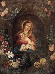 The Virgin And Child In A Stone Niche Adorned With Flowers