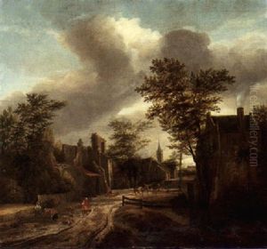 Figures On A Track Running Through A Village, A Church Spire Beyond