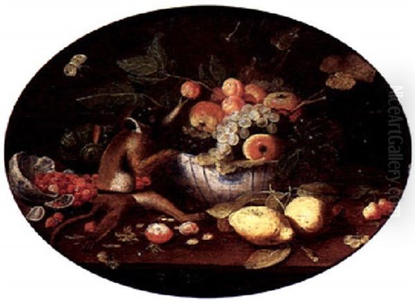 Still Life Of Various Fruits In Blue-and-white Porcelain Bowls With A Monkey And Various Insects - view 1