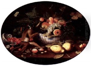 Still Life Of Various Fruits In Blue-and-white Porcelain Bowls With A Monkey And Various Insects by Jan van Kessel the Elder