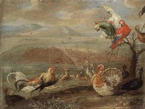 A Cockerel, A Turkey, A Cockatoo, Parrots And Other Birds In A Landscape, A City Beyond