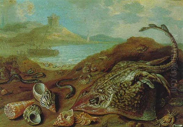 A Beach Scene With A Still Life Of Various Fish Including A Thornback Ray, Eels, Crabs And Other Shellfish - view 1