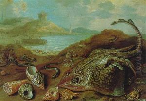 A Beach Scene With A Still Life Of Various Fish Including A Thornback Ray, Eels, Crabs And Other Shellfish by Jan van Kessel the Elder