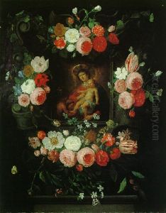 A Still Life Of Flowers And Insects Surrounding A Stone Cartouche Containing The Virgin And Child With The Infant Saint John The Baptist by Jan van Kessel the Elder