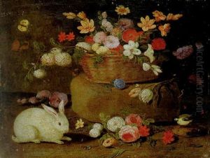 Roses, Dahlias, Paeonies, Tulips And Other Flowers In A Basket On A Stone Seat, With A White Rabbit, A Great Tit And A Butterfly by Jan van Kessel the Elder