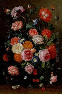 Roses, Carnations, And Other Flowers And Fruit On A Glass Vase With Other Objects And A Butterfly On A Table