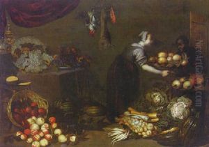 A Larder With A Maid Receiving A Basket Of Fruit From A Servant