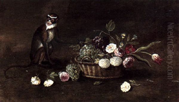A Still Life Of A Basket Of Fruit And Flowers And A Monkey - view 1