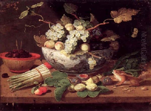 Still Life Of Grapes And Plums In A Blue And White Bowl, A Bundle Of Asparagus, Figs, An Artichoke, A Bowl Of Berries And A Squirrel, All On A Ledge - view 1