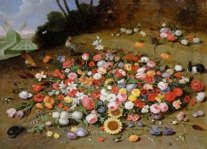 Parrot Tulips, Roses, Sunflowers And Other Flowers, With Chickens, A Tortoise And Other Animals On A Hillside by Jan van Kessel the Elder