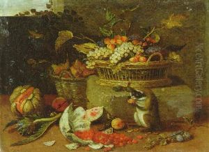 A Pumpkin, An Artichoke, A Basket Of Pears, Raspberries Spilling Out Of A Chipped Bowl, A Basket Of Fruit On A Stone Block And A Monkey Nibbling A Peach by Jan van Kessel the Elder