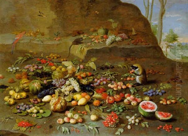 Apples, Peaches, Oranges And Other Fruit On A Hillside With Monkeys, A Parrot And A Jay - view 1