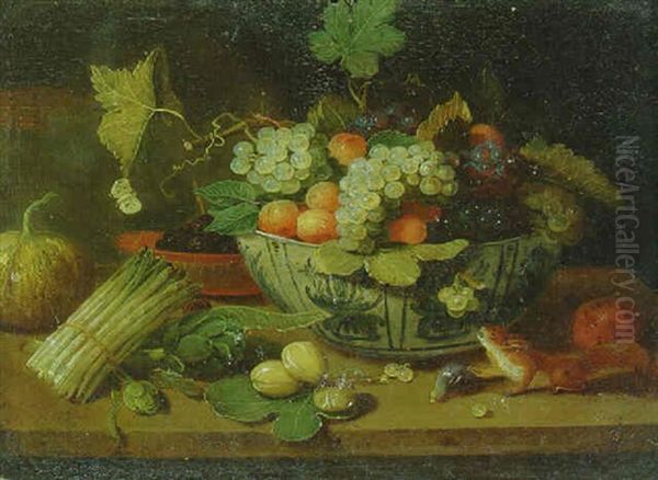 A Bowl Of Fruit, A Bundle Of Asparagus And Other Fruit And Vegetables With A Squirrel On A Ledge - view 1