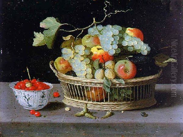 Nature Morte De Fruits Dans Une Corbeille Et Un Bol De Porcelaine Sur Un Entablement - view 1