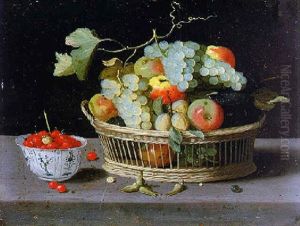 Nature Morte De Fruits Dans Une Corbeille Et Un Bol De Porcelaine Sur Un Entablement