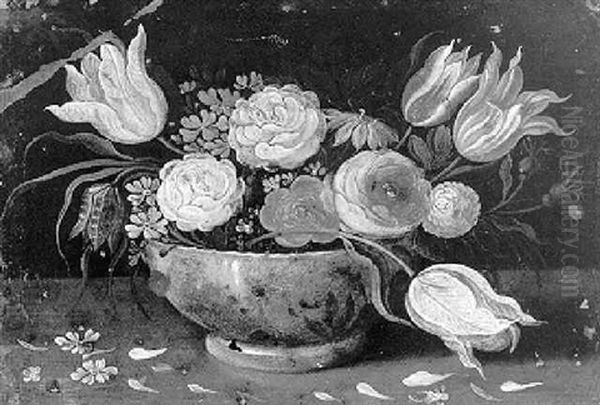 Bouquet Of Flowers In A Porcelain Bowl On A Table - view 1