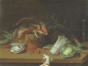 Partridges, A Woodcock And Others Birds In A Basket, Cabbage And Others Vegetables On A Table, A Dog Looking On