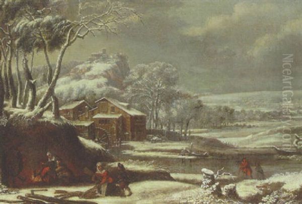 A Winter Landscape With Peasants By A Fire, Watermill Beyond - view 1