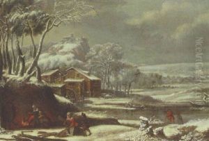 A Winter Landscape With Peasants By A Fire, Watermill Beyond by Jan van Kessel the Elder