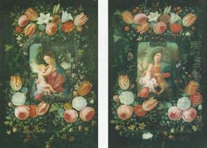 Vierge A L'enfant Et Saint Jean Baptiste Dans Une Guirlande De Fleurs