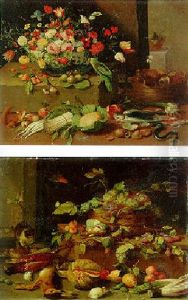 Larder Scene With Fruit, Flowers, Game And Fish With Baskets Of Fruit And Flowers
