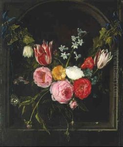 Swags Of Ivy, Pink, White And Red Roses, Parrot Tulips, And Other Flowers by Jan van Kessel the Elder