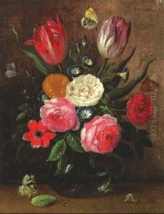 Flowers In A Vase With Butterflies, A Moth, Dragon Fly And A Caterpillar On A Ledge