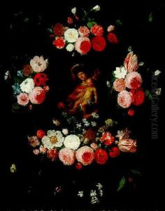 Still Life Of Flowers And Insects Surrounding A Stone Cartouche Containing The Virgin And Child With The Infant St. John The Baptist by Jan van Kessel the Elder