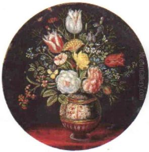Still Life Of Flowers In A Vase On A Table Draped With A Red Cloth
