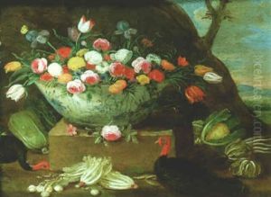 Still Life Of Vegetables, Flowers In A Porcelain Bowl, With Turkeys In A Landscape by Jan van Kessel the Elder