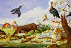 An Otter And An Owl Guarding Their Catches On A Beach, Turkeys On A Branch And A Kingfisher In Flight Above