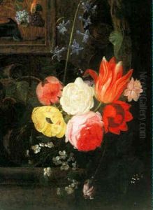 Still Life Of Flowers On A Stone Ledge With A Painting Of A Bowl Of Fruit And Flowers by Jan van Kessel the Elder