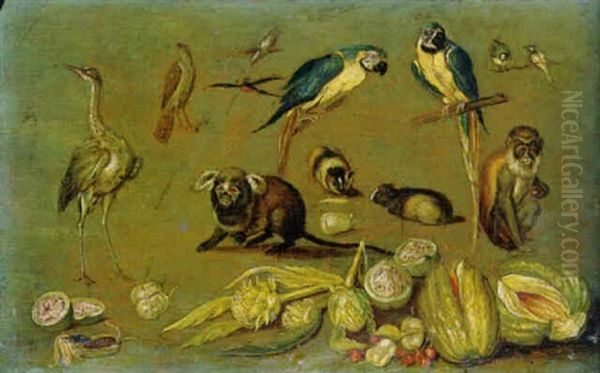 Parrots And Other Birds, Monkeys, Guinea Pigs, And Assorted Fruits And Vegetables - view 1