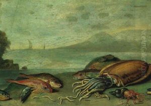 Still Life Of Fish On A Seashore by Jan van Kessel the Elder