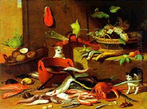 Stilleben Von Weintrauben, Austern Und Fischen Mit Zwei Katzen by Jan van Kessel the Elder
